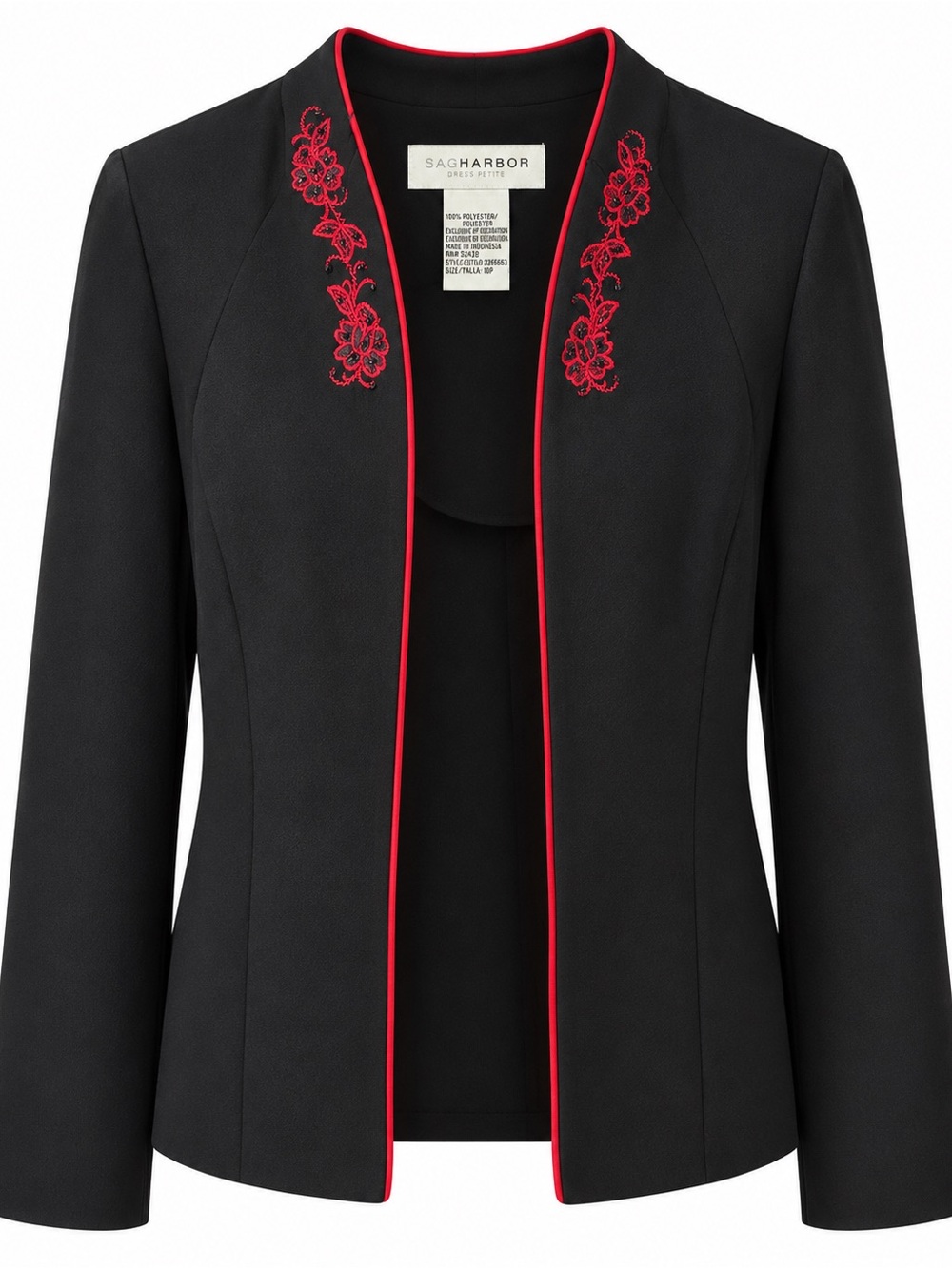Sag Harbor Black Open Front Jacket with Red Embroidered Collar